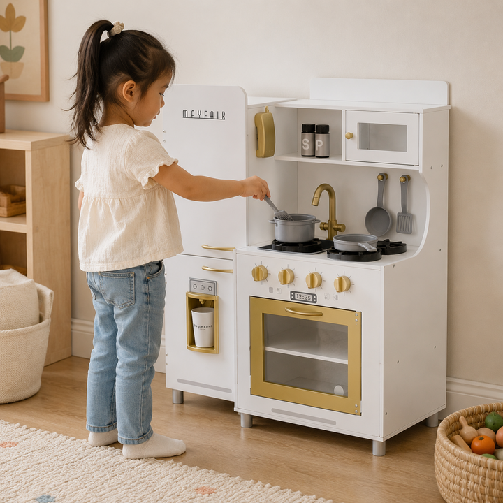 Teamson Kids Play Kitchen Set with Light and Sound Effects, 12pc accessories, Interactive Ice Maker White Wooden Kitchen Pretend Play, Oven, Burner & Refrigerator -Little Chef Mayfair Retro