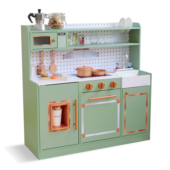 Wooden Play Kitchen with 15 Accessories, Green - Little Chef St. Louis by Teamson Kids