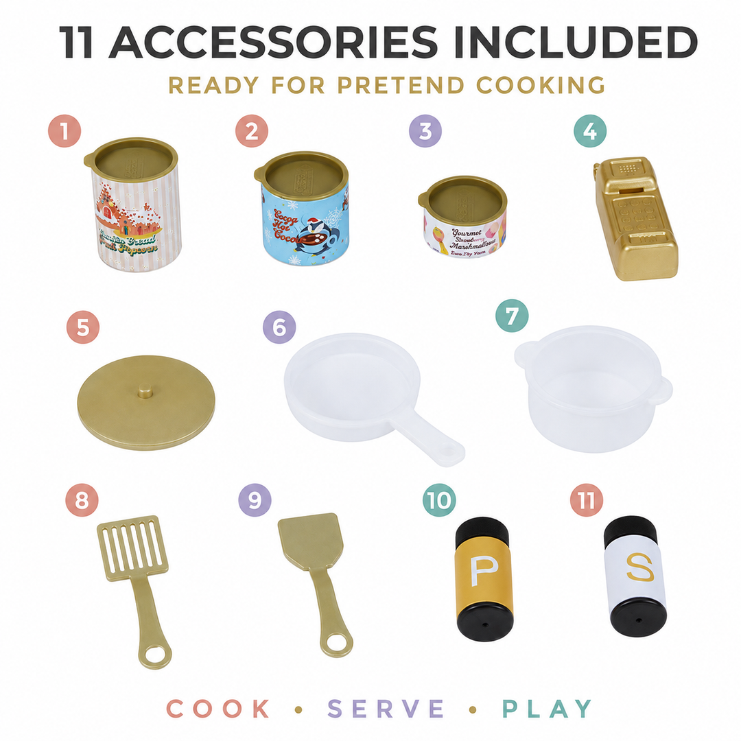 Teamson Kids Small Play Kitchen Set with Refrigerator, 17 Accessories, Storage Interactive White Pretend Play Wooden Kitchen with Gold Tap /Faux Marble Furnishings - Little Chef Versailles
