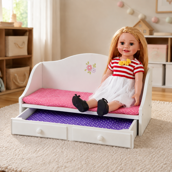 Olivia's Little World Doll Trundle Bed with Pink Bedding for 18" Dolls, White Doll Furniture with 2 interchangeable cushions (White and Polka Dot) Sliding Drawer for Expandable Bed and Pretend Play