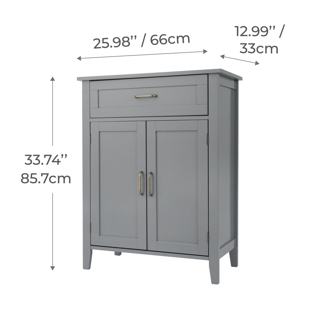 Gray cabinet with dimensions, stands 33.74 inches tall.