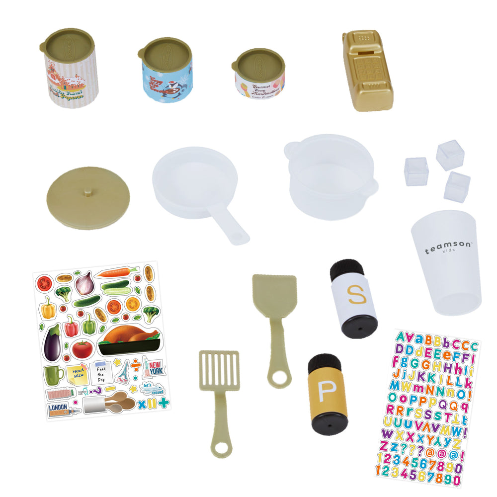 Accessories for a play kitchen with stickers