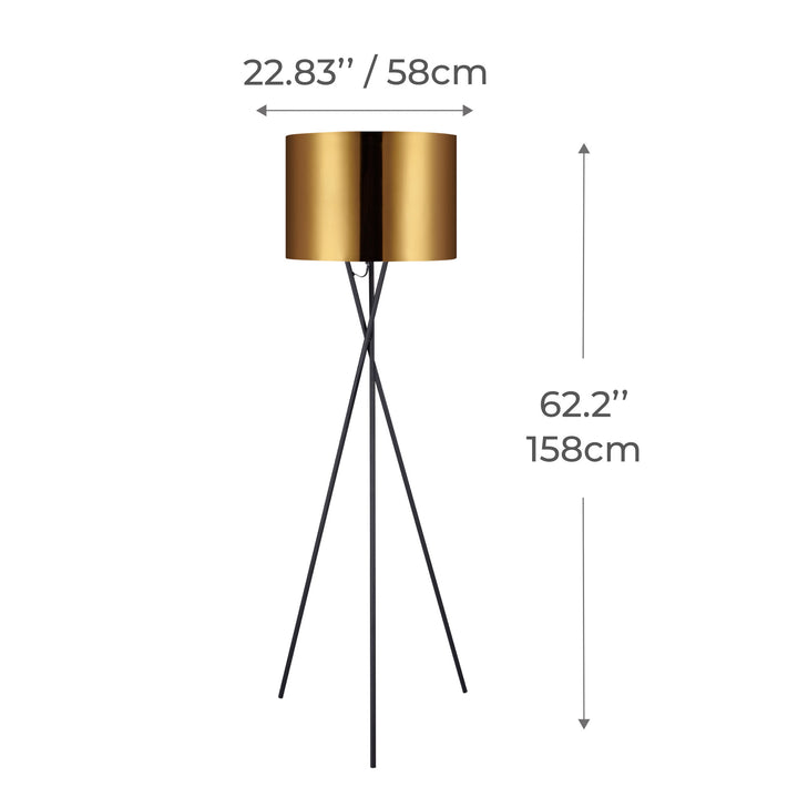 Dimensional graphic of a tripod floor lamp with gold shade in inches and centimeters