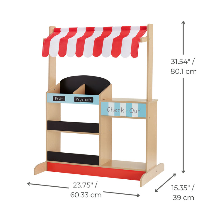 A dimensional graphic of a child's play market stand in inches and centimeters