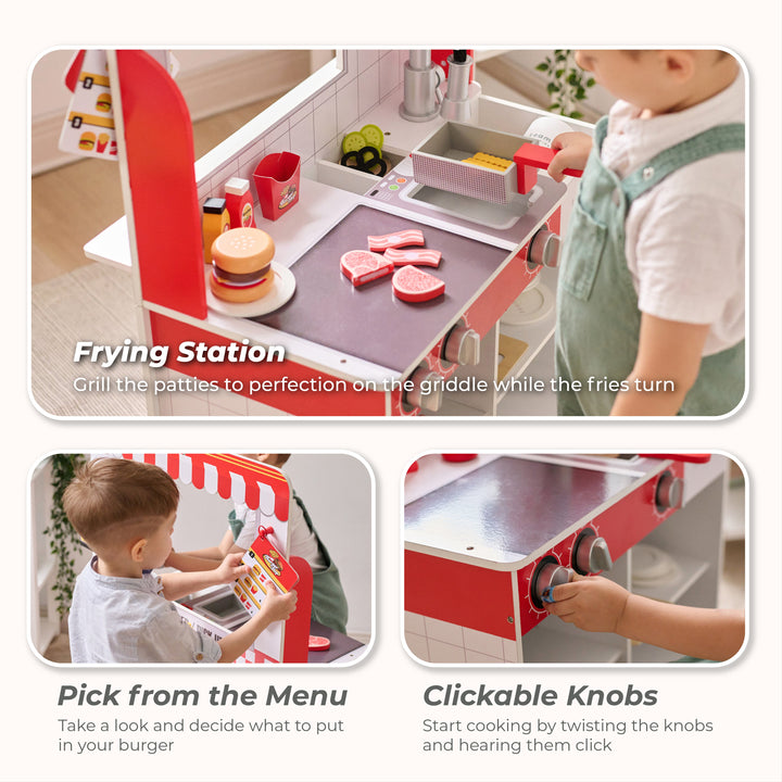 Wooden Play Burger Shop with 29 Accessories, Red - Flip & Fry Teamson Kids