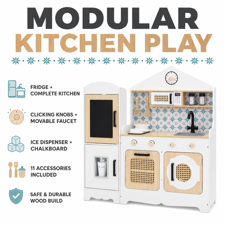 Teamson Kids Large Wooden Play Kitchen Set, White and Natural, Pretend Play Kitchen, Fridge with Pretend Ice Dispenser, Oven, Microwave, Sink and Washer with 11 Accessories, Little Chef Morocco