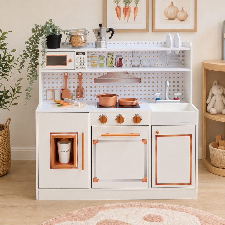 Teamson Kids Wooden Play Kitchen Set with 15 Accessories, Off-White, Retro-style Wooden Pretend Play Kitchen with Ice Dispenser, Oven, Microwave, Sink Little Chef St. Louis