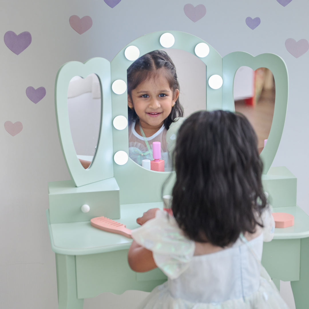 Kids Vanity with LED Lights, Sage Green - Heart Glow Play Vanity Set by Teamson Kids