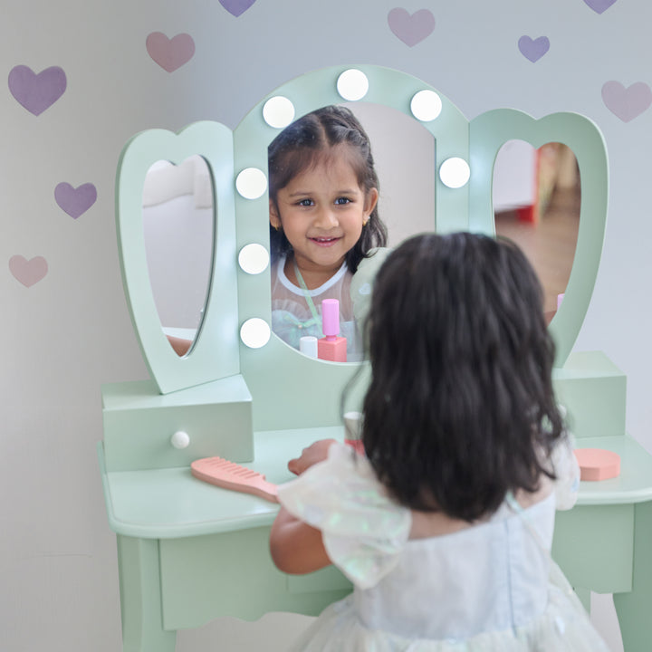 Kids Vanity with LED Lights, Sage Green - Heart Glow Play Vanity Set by Teamson Kids