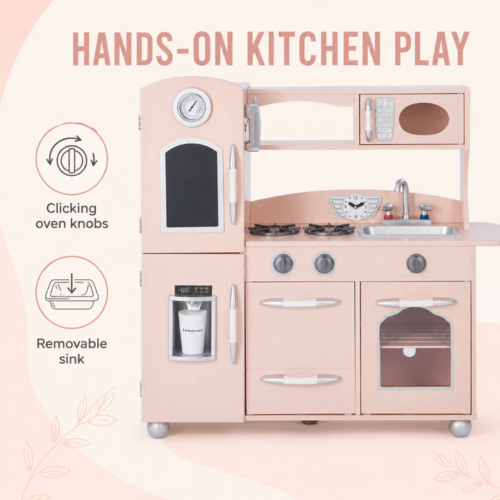 Teamson Kids Little Chef Westchester Retro Wooden Play Kitchen with Fridge, Oven, Removable Sink, Chalkboard Panel, Clicking Knobs, Storage and Accessories