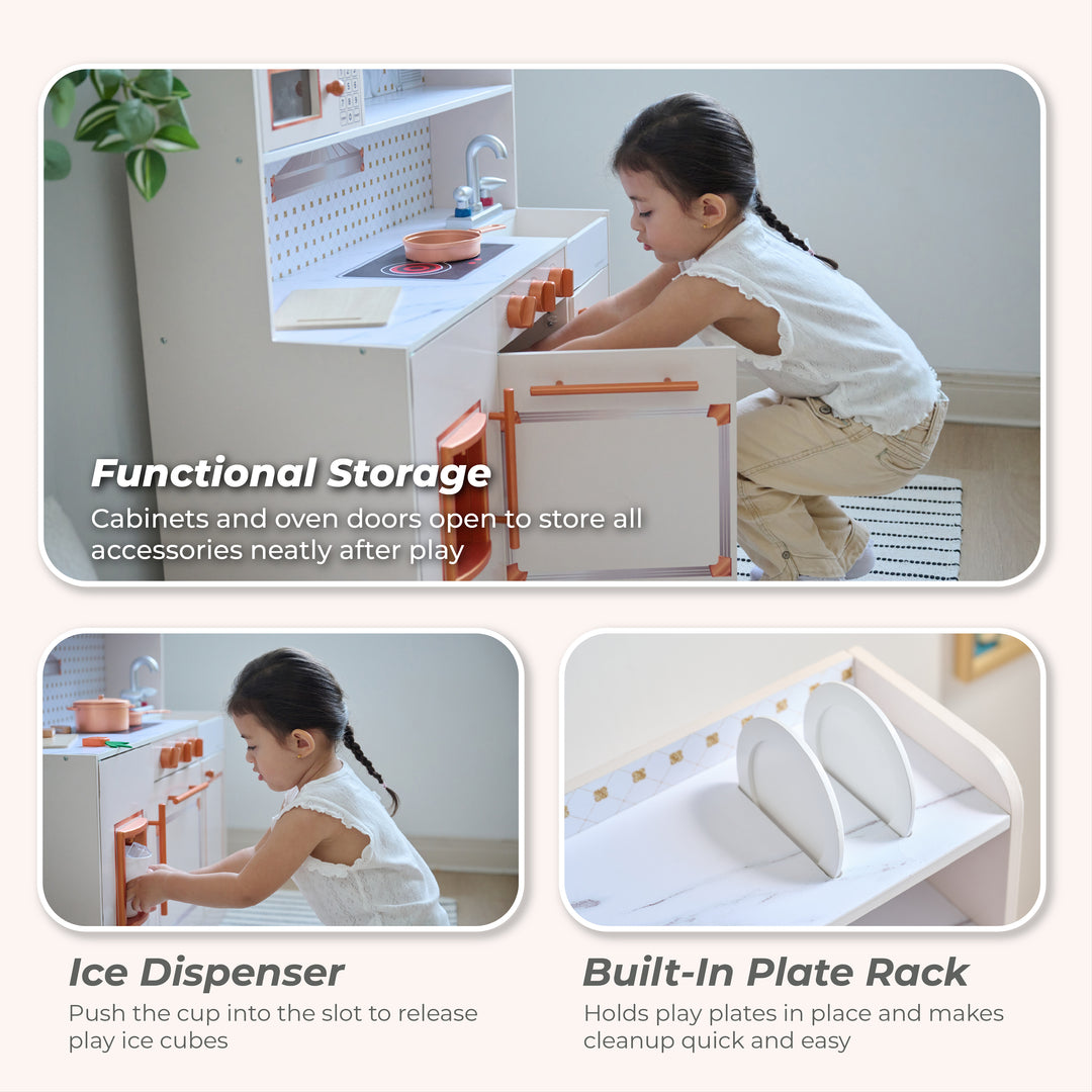 Teamson Kids Wooden Play Kitchen Set with 15 Accessories, Off-White, Retro-style Wooden Pretend Play Kitchen with Ice Dispenser, Oven, Microwave, Sink Little Chef St. Louis