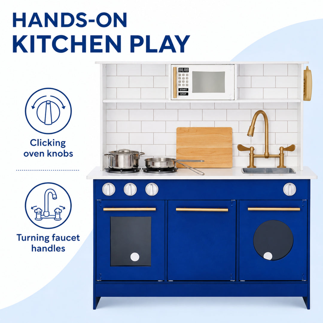 Teamson Kids Little Chef Berlin Play Kitchen Set with Subway Tile Backsplash and Gold Hardware, Interactive Kids Kitchen Playset for Toddlers Ages 1–5, Pretend Toy Cooking Station, Blue/White
