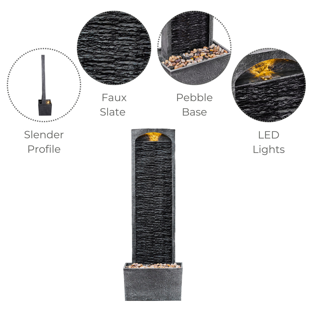 Tall fountain with a faux slate finish, pebble base, slender profile, and LED lights. Close-up insets highlight design features.