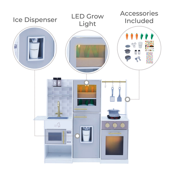 Infographic with callouts for a pretend ice dispenser, LED grow light, and the accessories included