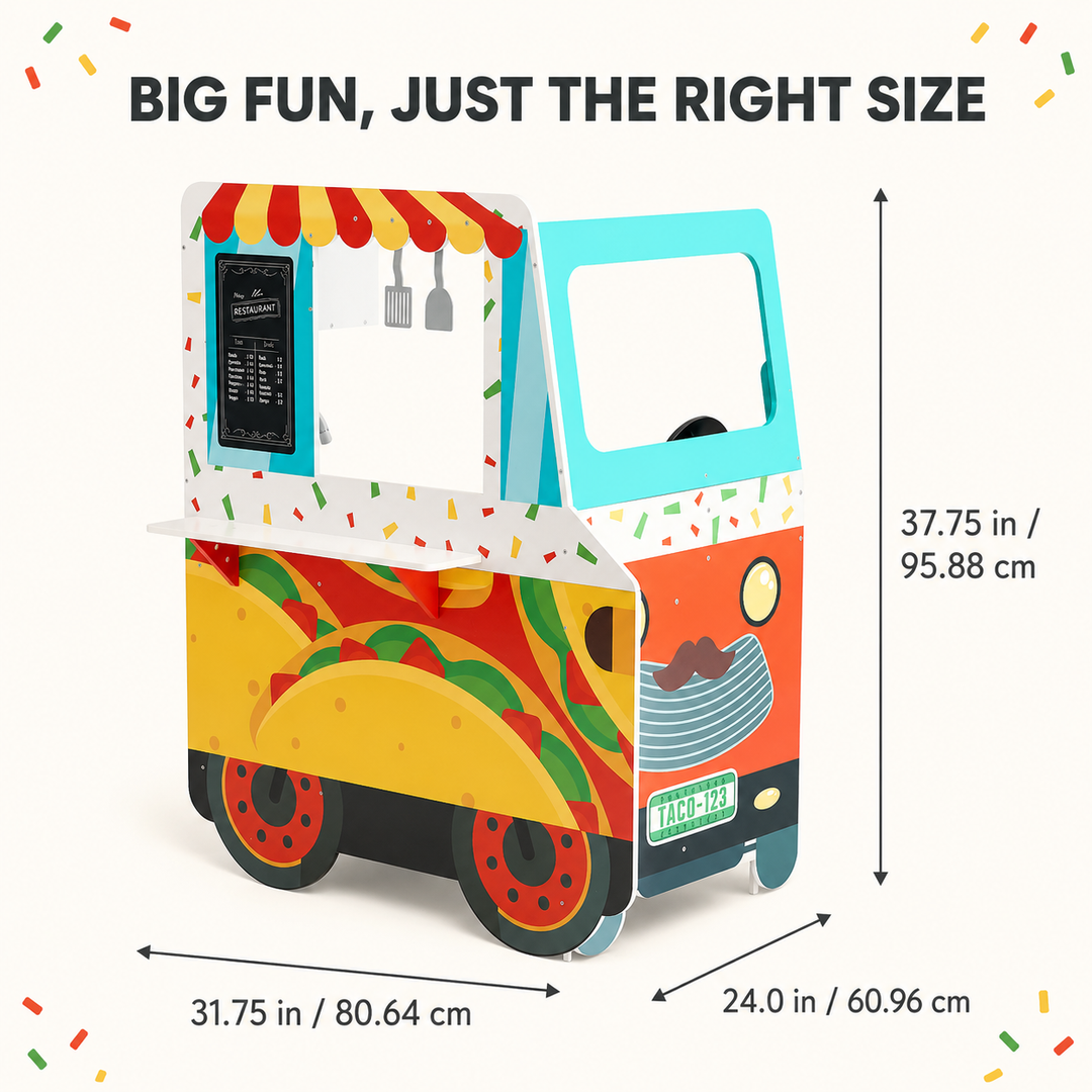 Teamson Kids My Little Helper Two-Sided Taco Truck Playset with Food Truck Exterior, Kitchen Interior, Steering Wheel, Sink, Griddle, Microwave, Oven and Accessories