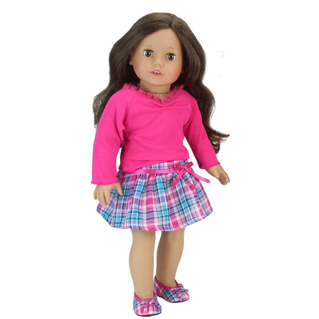 18 inch doll wearing the plaid pink and blue skirt