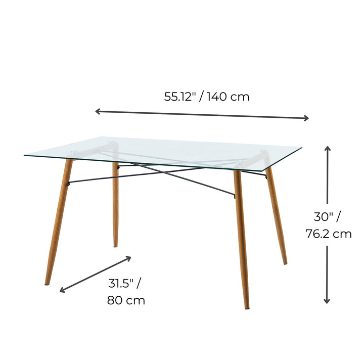 Dimensions in inches and centimeters of the Teamson Home Minimalist Glass Top Dining Table with Wood Base, Natural with a glass top and wooden legs