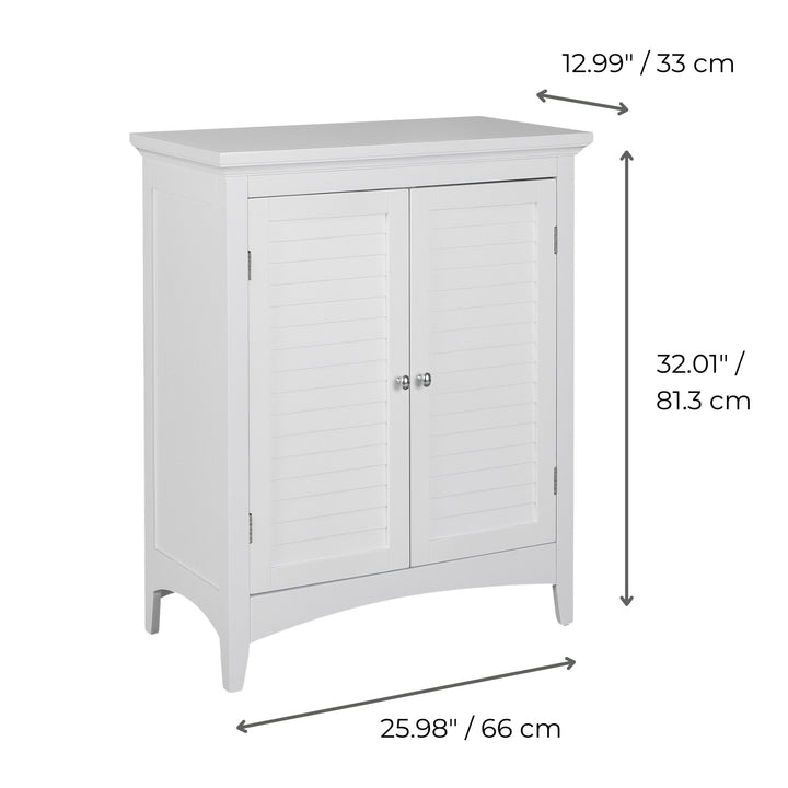 Dimensional graphic of a white floor cabinet in inches and centimeteres