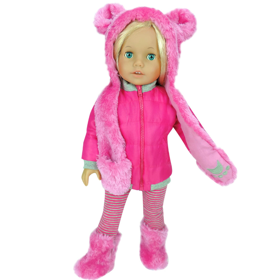 Sophia's 4 Piece Winter Outfit with Bear faux fur Hat Set for 18'' Dolls, Hot Pink