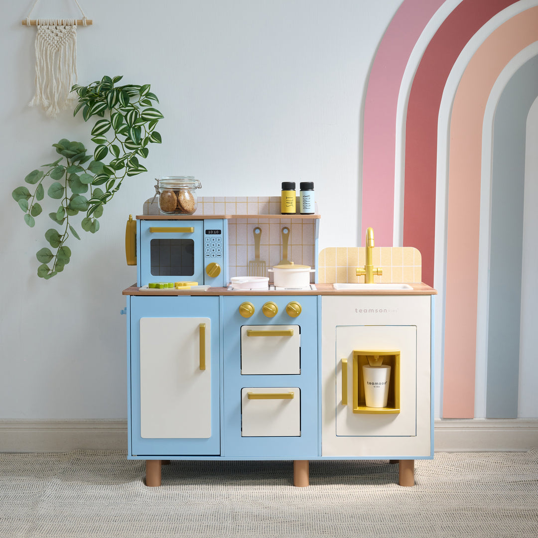 Wooden Play Kitchen with 17 Accessories, Blue - Little Chef Hampton by Teamson Kids