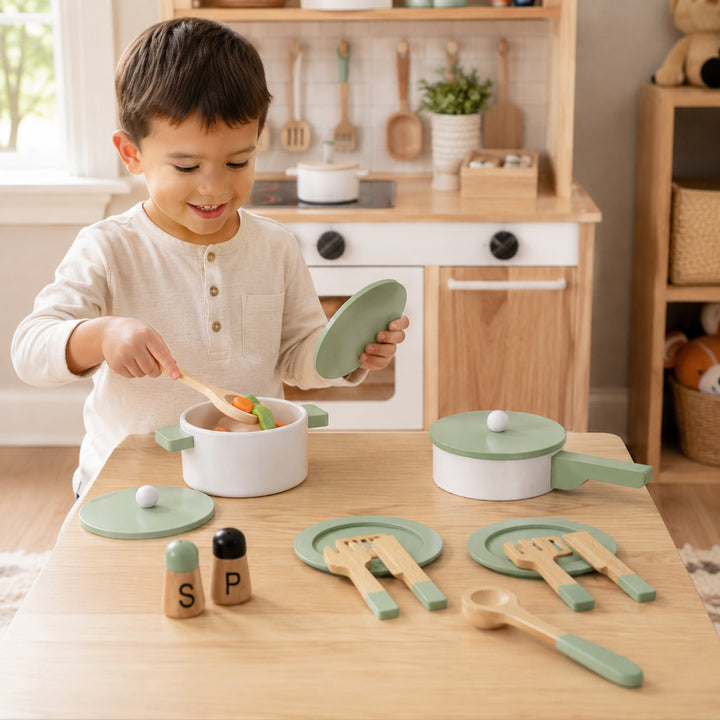 Teamson 14-Piece Wooden Play Kitchen Cookware Set with Green Utensils Set 2 Pots with Matching Lids, Spatula, Serving Spoon, 2 Plates, 2 Knives, 2 Forks, Salt and Pepper Shakers, Little Chef Frankfurt