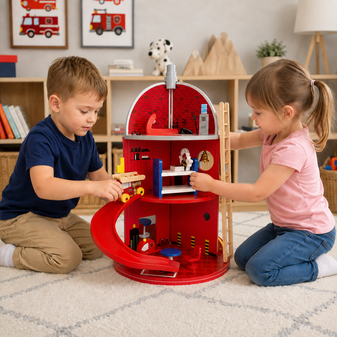 Teamson Kids 3-Story Wooden Fire Station Playset, Red Rotating Hydrant-Shaped Firehouse Pretend Play Set with 24 Pretend Play Figurines Including Fire Truck, Car, Helicopter, Rotating Base, Slide