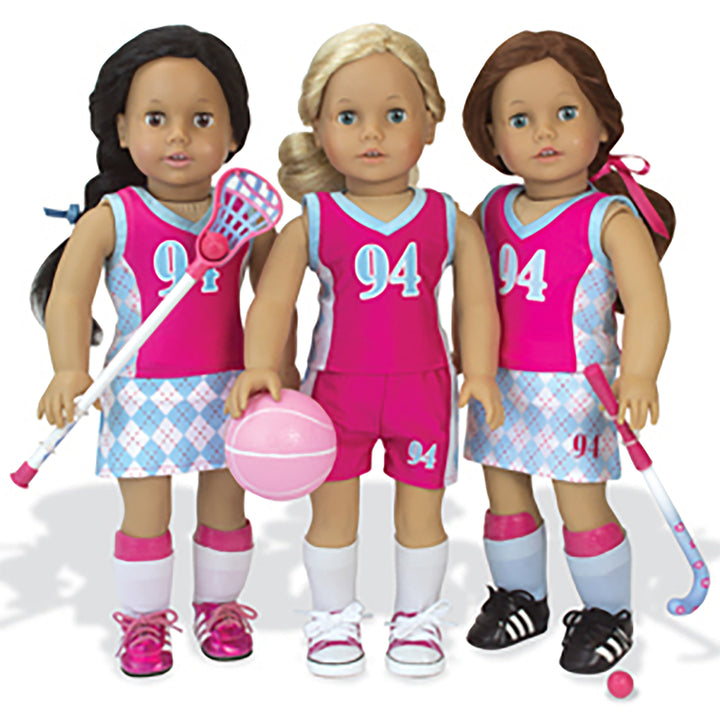 Three 18" dolls dressed in sports uniforms with sports equipment