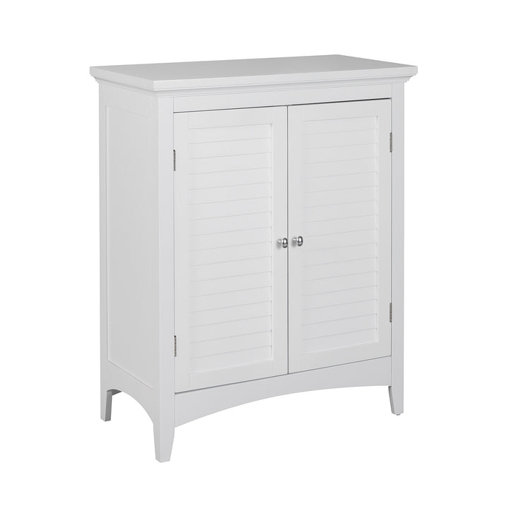 Side view of a white floor cabinet with faux louvered doors
