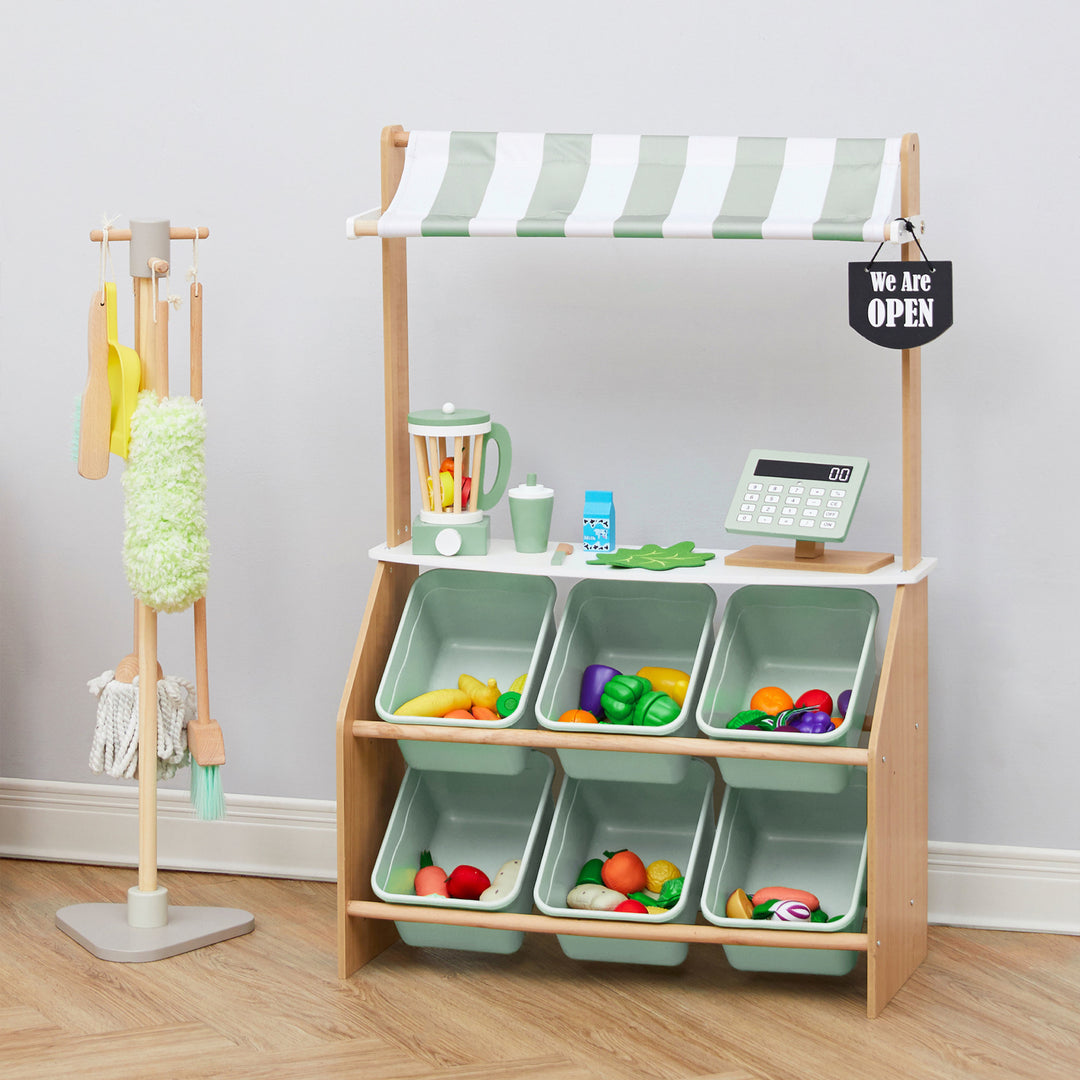 A child's play cleaning set and market stand