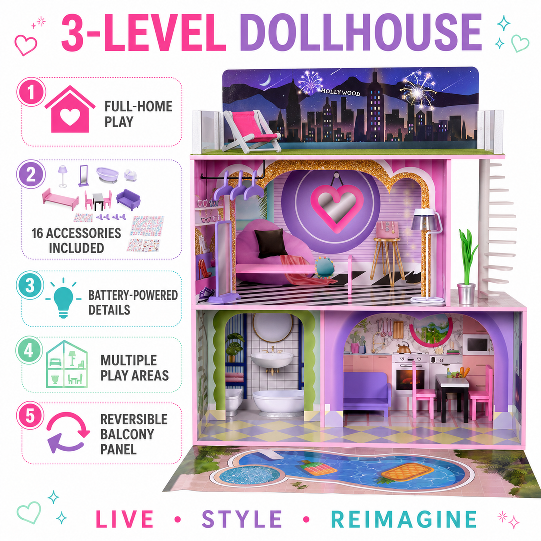Teamson Kids Dreamland Sunset Wooden Doll House with 3 Levels, Kitchen, Living Area, Bedroom, Bathroom, Outdoor Play Pieces, Lights and 16 Accessories