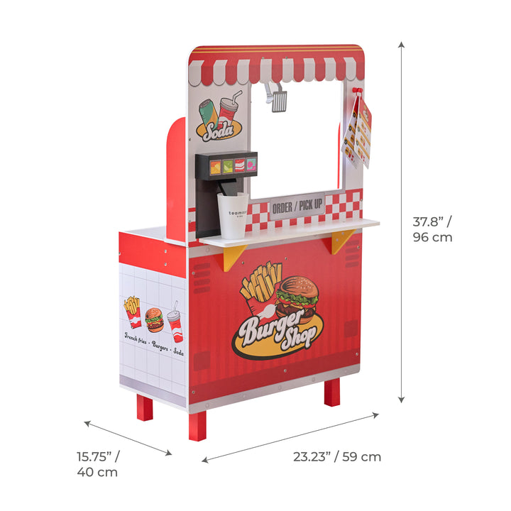 Wooden Play Burger Shop with 29 Accessories, Red - Flip & Fry Teamson Kids