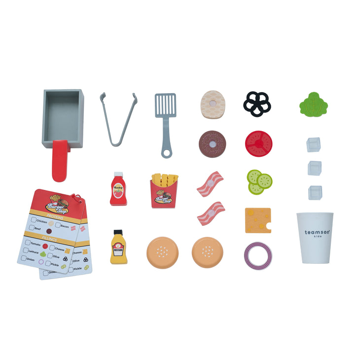 Wooden Play Burger Shop with 29 Accessories, Red - Flip & Fry Teamson Kids