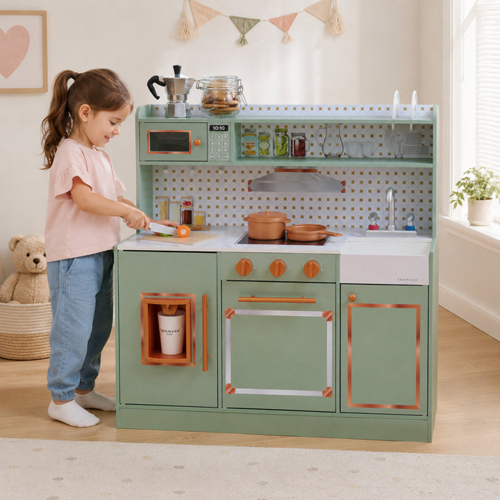 Teamson Kids Wooden Play Kitchen Set with 15 Accessories, Green Retro-style Wooden Pretend Play Kitchen with Ice Dispenser, Oven, Microwave, Sink Little Chef St. Louis