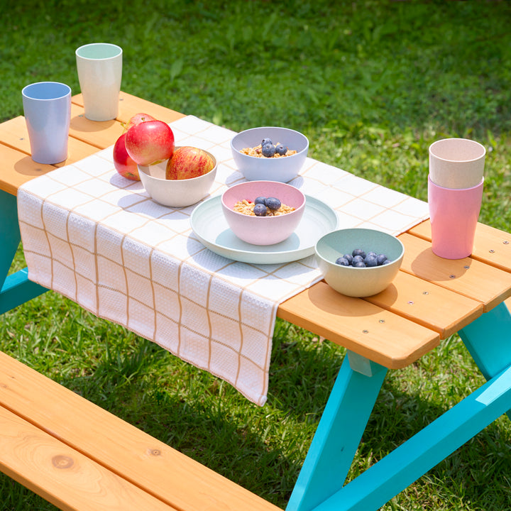 Close-up of Teamson Kids Child Sized Wooden Outdoor Picnic Table top