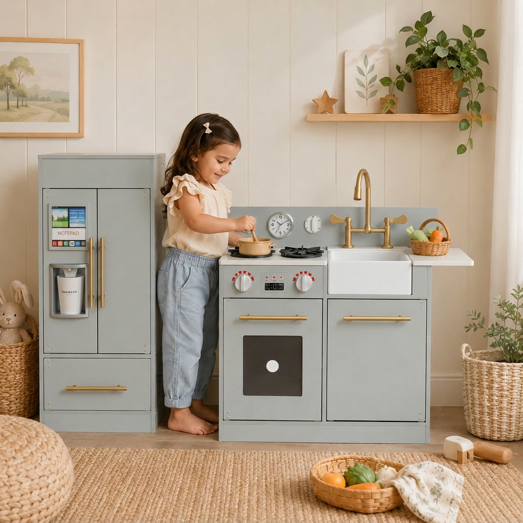 Teamson Kids Little Chef Charlotte Modern Play Kitchen, Silver Gray/Gold