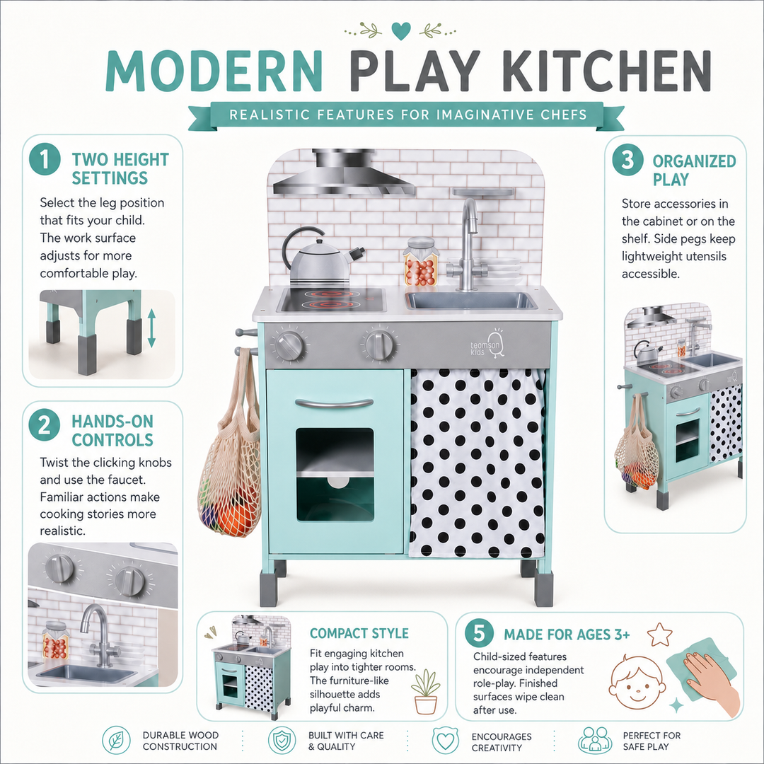 Teamson Kids Little Chef Philly Adjustable Wooden Play Kitchen with 2 Height Settings, Clicking Knobs, Faucet, Cabinet, Shelf, Side Pegs, Compact Design, Pretend Play, Ages 3+