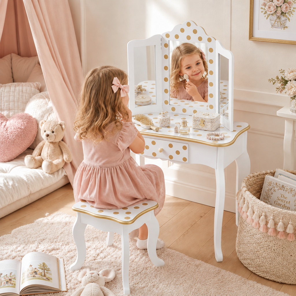 Teamson Kids Gisele Polka Dot Wooden Play Vanity Set with Tri-Fold Mirror, Storage Drawer, Matching Stool, Kids Makeup Table and Chair for Dress-Up Pretend Play, Ages 3+, Gold & White