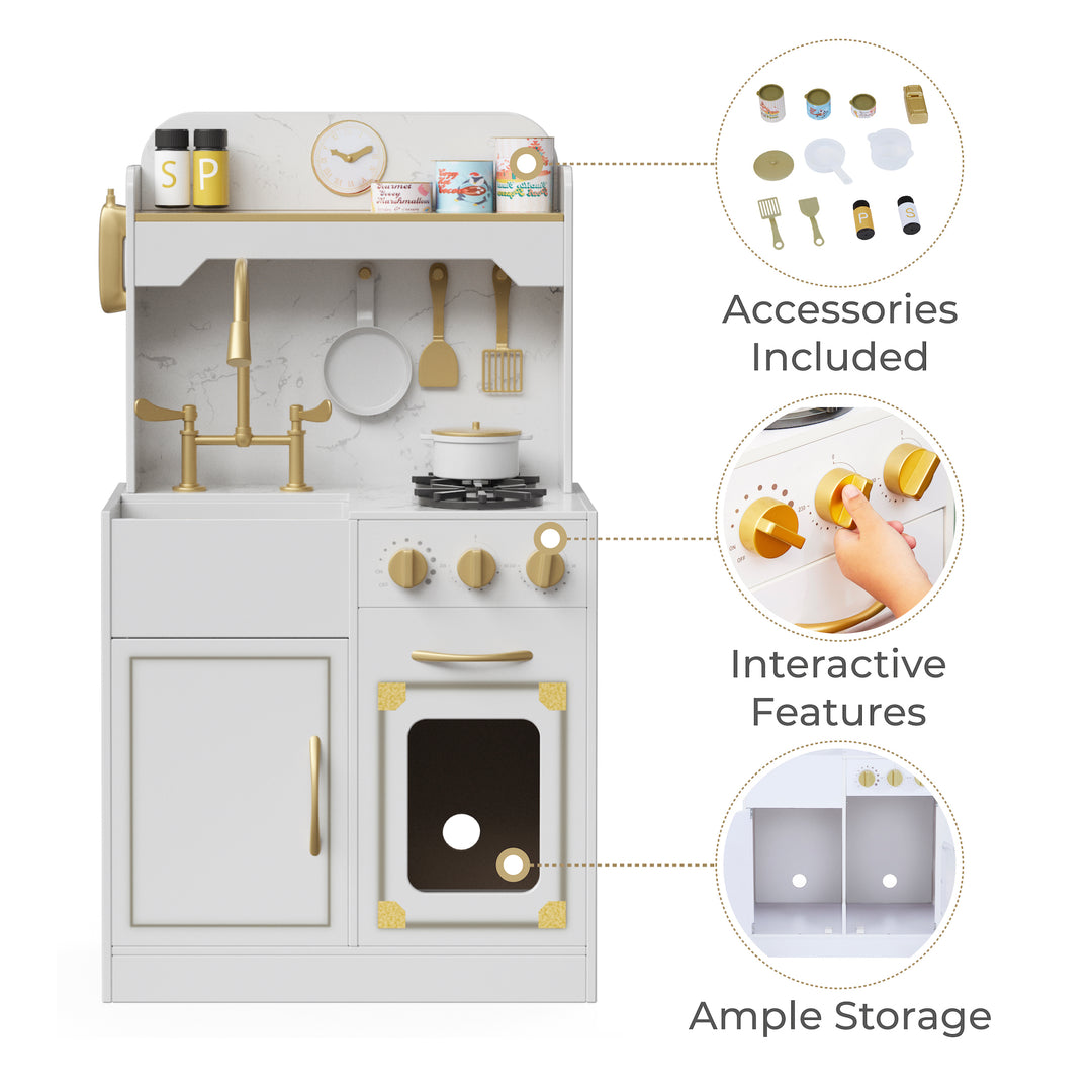 A white and gold play kitchen with callouts for accessories included, interactive features and ample storage