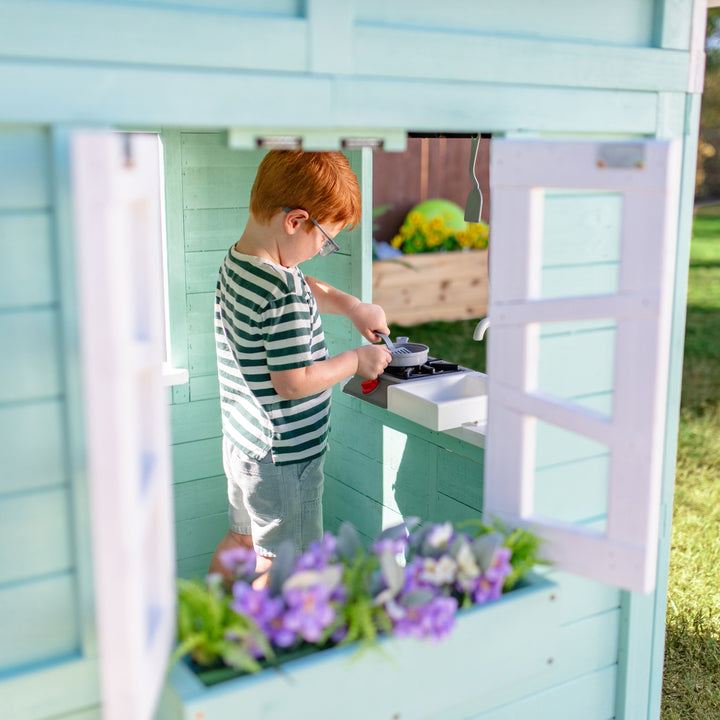 Teamson Kids Rainbow Shade Wooden Playhouse with Kitchen and Bench, Mint