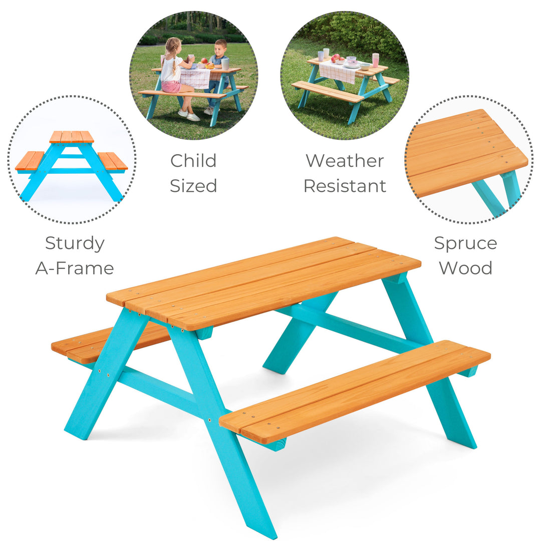 Teamson Kids Child Sized Wooden Outdoor Picnic Table features sturdy A-frame, child sized, weather resistant, and spruce wood.