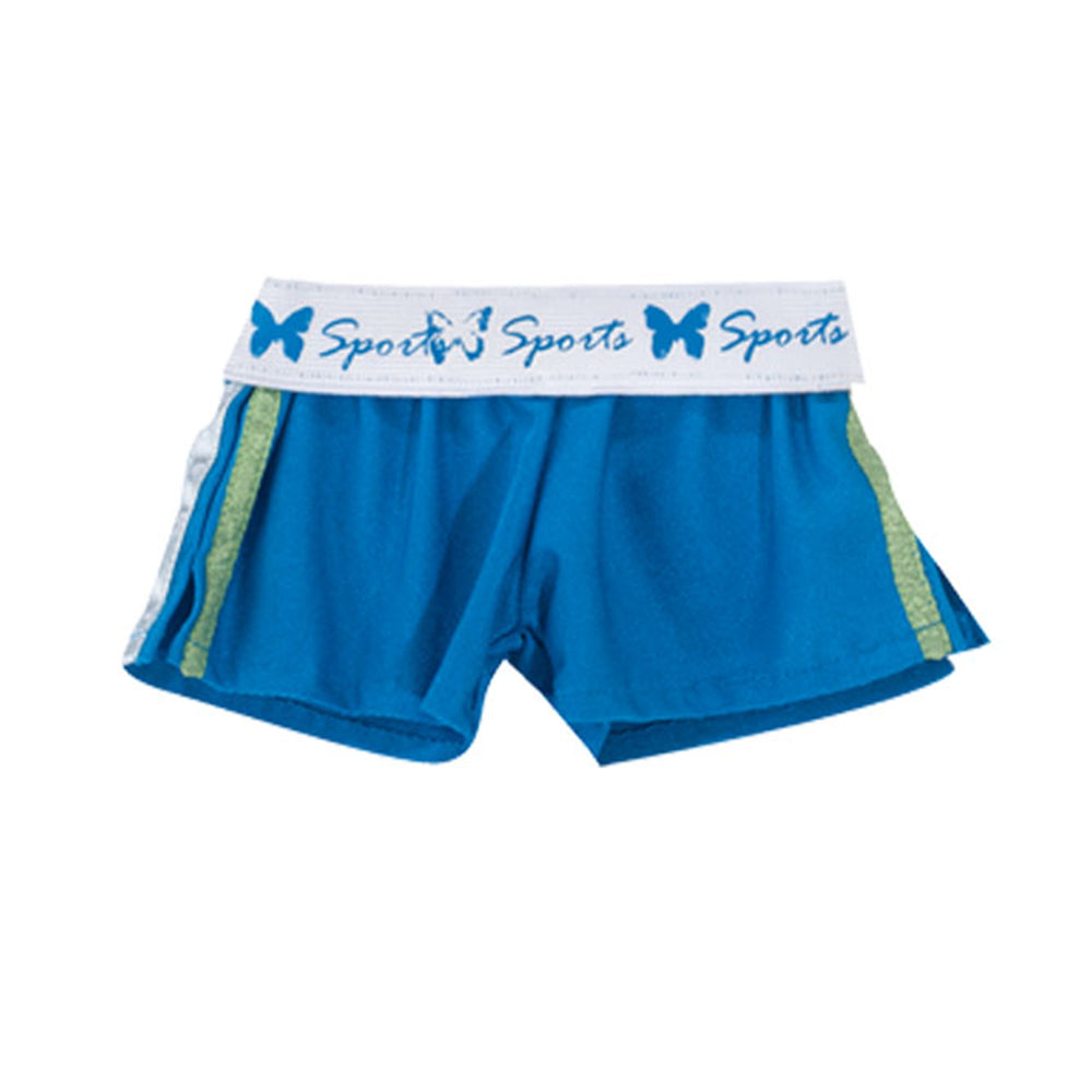 A pair of blue and green sports shorts for an 18" doll