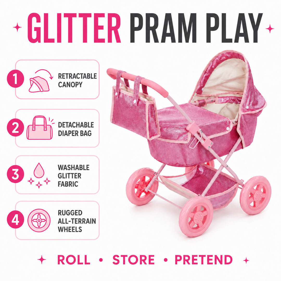 Olivia's Little World Baby Doll Bassinet Pram with Cover, Glitter Pink Doll Stroller with Retractable Canopy, Handle, Doll Seatbelt , All-terrain Wheels and Under Pram Storage for Doll Accessories