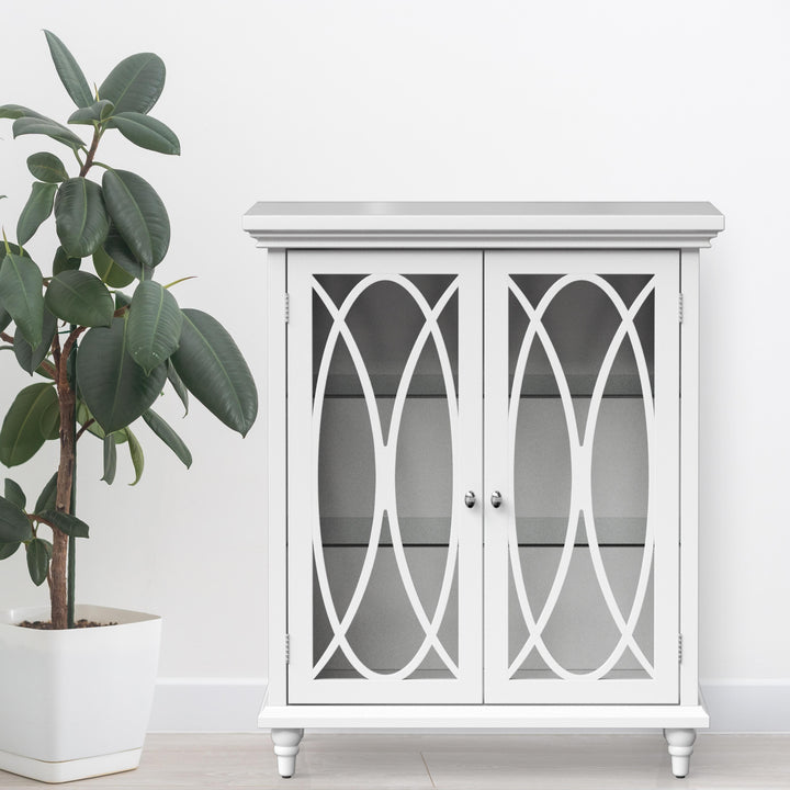 A white floor cabinet with two glass doors