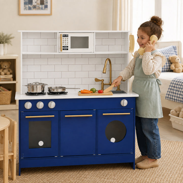 Teamson Kids Little Chef Berlin Play Kitchen Set with Subway Tile Backsplash and Gold Hardware, Interactive Kids Kitchen Playset for Toddlers Ages 1–5, Pretend Toy Cooking Station, Blue/White