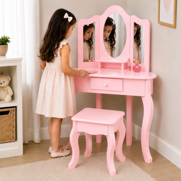 Teamson Kids Large Corner Kids Vanity Table and Stool Set with Drawers, Space-Saving Pink pretend Play Set with Tri-fold Mirror, Drawers and Shelves, Little Princess Alessandra