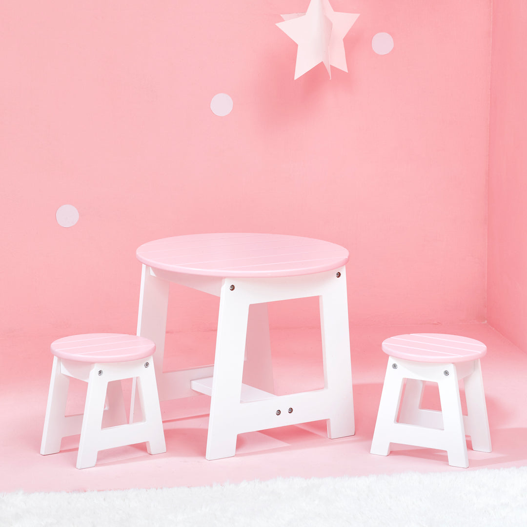 Olivia's Little World 3-Piece Round Table & Stools for 18" Dolls, White/Pink