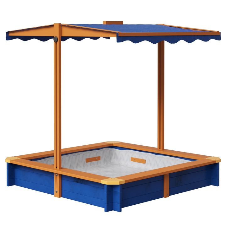 A blue and wood-toned sandbox with a blue awning over it