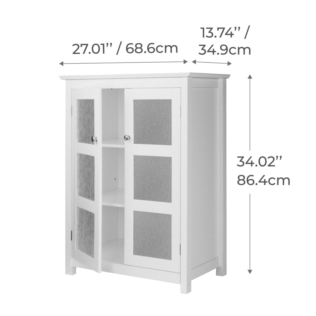 Dimensional graphic of a white floor cabinet