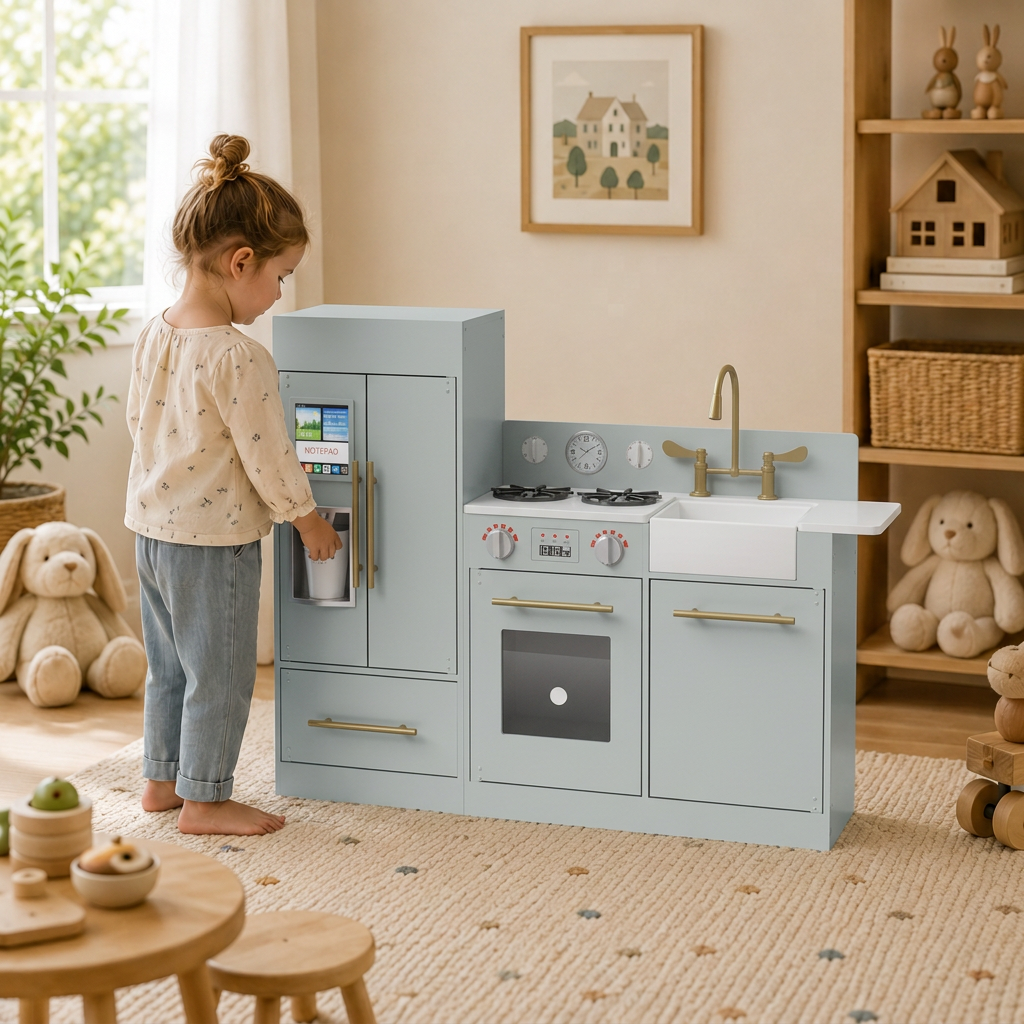 Teamson Kids Little Chef Charlotte Modular Play Kitchen Set with Realistic Stove, Sink, and Refrigerator, Kids Kitchen Playset for Toddlers Ages 3–7, Toy Cooking Set, Gray/Gold