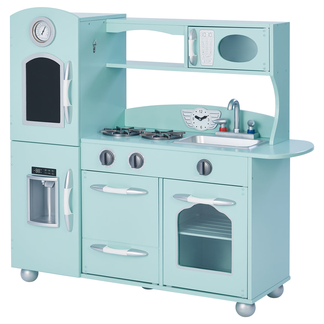 Teamson Kids Little Chef Westchester Retro Kids Kitchen Playset in mint with interactive features, including various pretend appliances and a toy telephone.